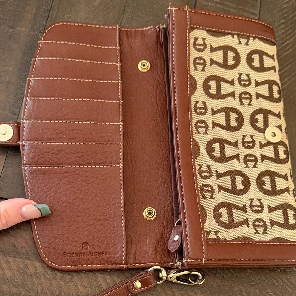 Etienne Aigner Brown and Cream Logo Wristlet